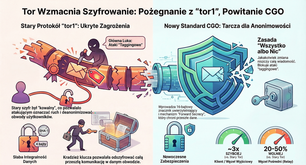 Infografika przedstawiająca aktualizację szyfrowania Tor: CGO (Counter Galois Onion) - nowy mechanizm szyfrowania eliminujący ataki tagowania i zwiększający bezpieczeństwo sieci anonimizującej
