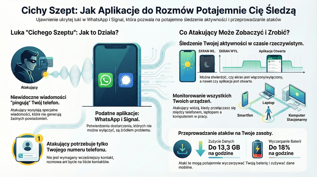 Infografika przedstawiająca atak Careless Whisper - pokazuje jak potwierdzenia dostarczenia wiadomości (szare ptaszki) w WhatsApp i Signal mogą być wykorzystane do śledzenia aktywności użytkownika, lokalizacji i drenowania baterii bez jego wiedzy